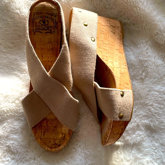 Lucky Brand Shoes - Lucky size 9.5 cork sole slip-on cross strap wedge sandals in natural